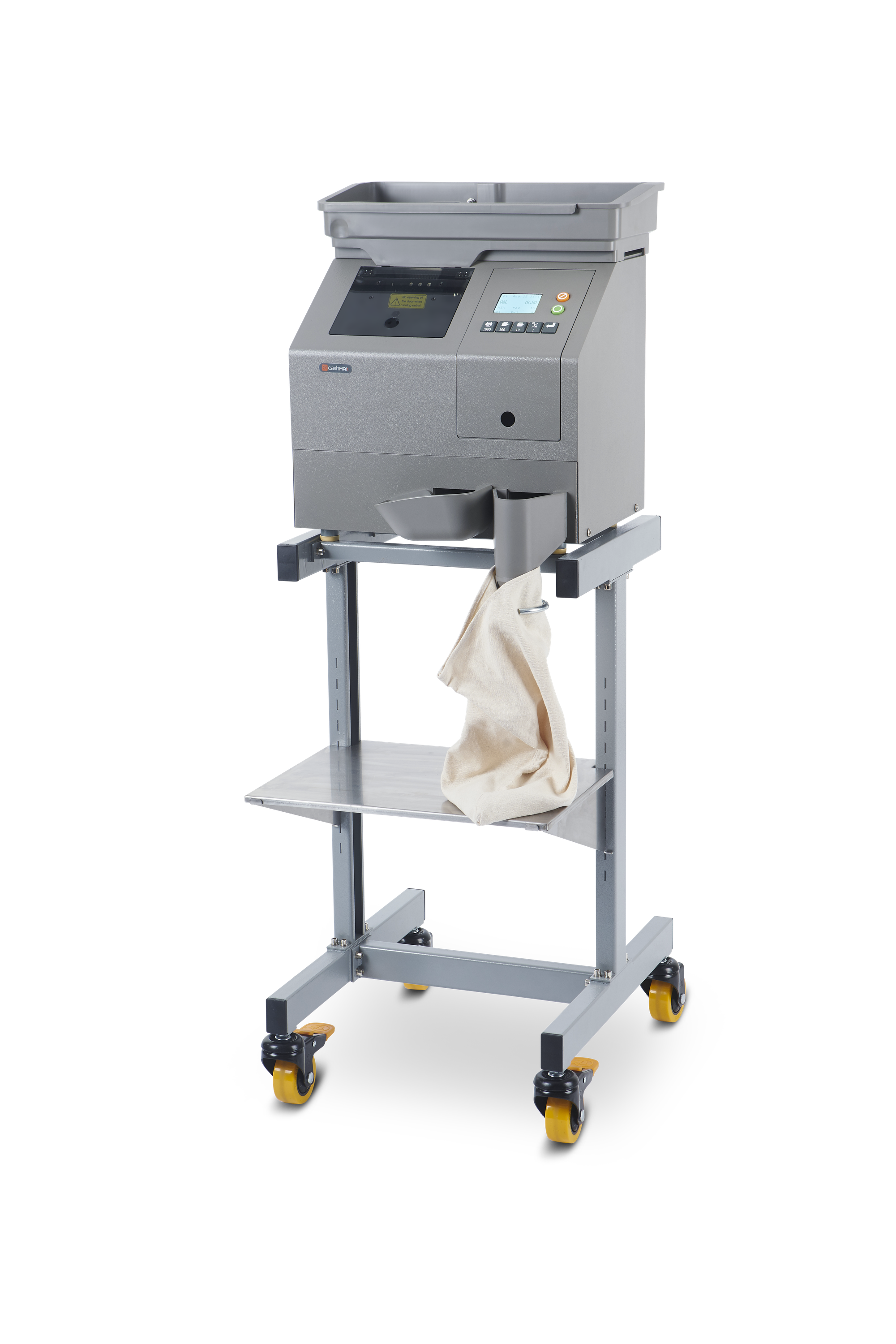 cashMAX CMX10 mit optionalem fahrbarem Untergestell und Münzsack