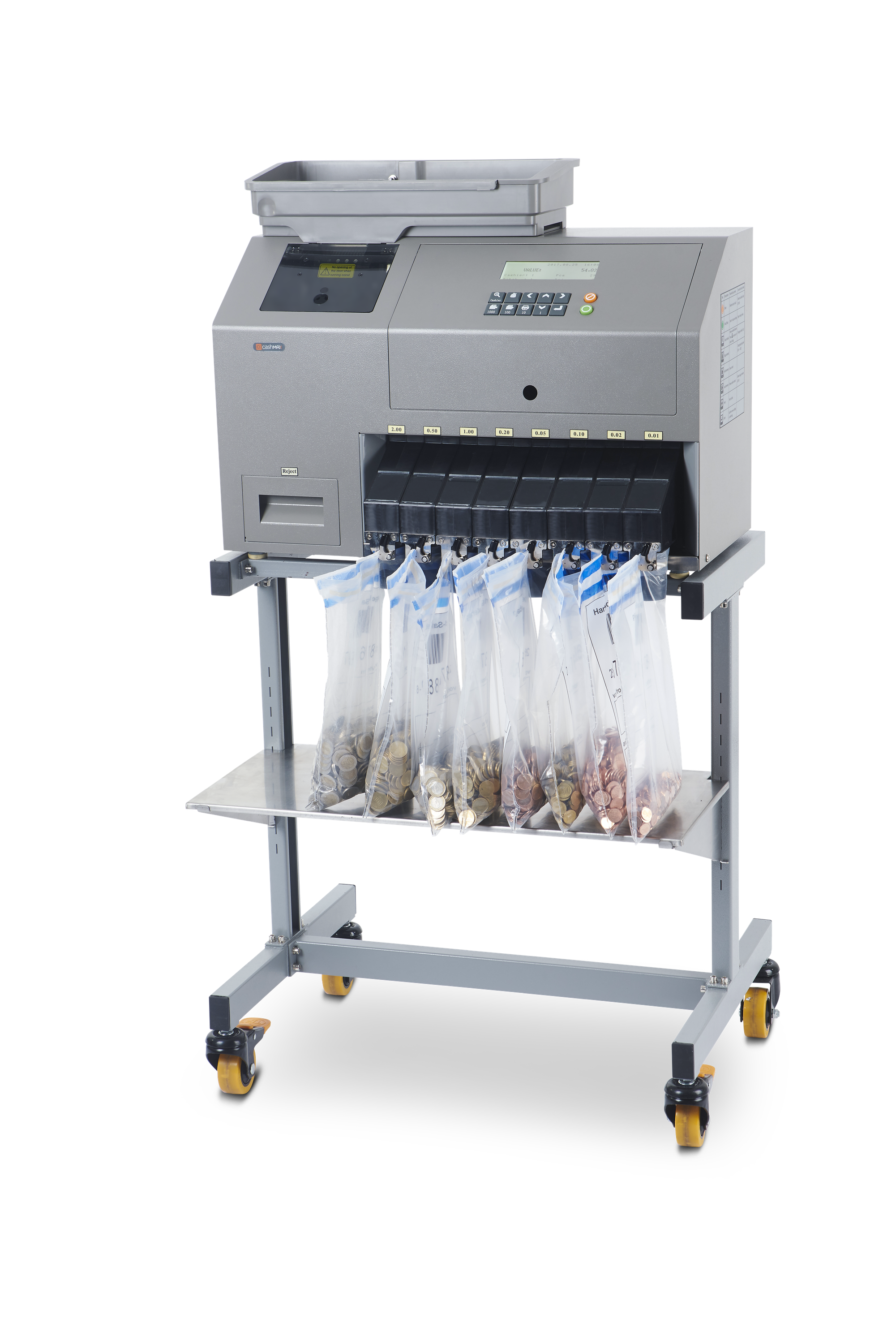 cashMAX CMX30 mit optionalem fahrbarem Untergestell und Münzsack